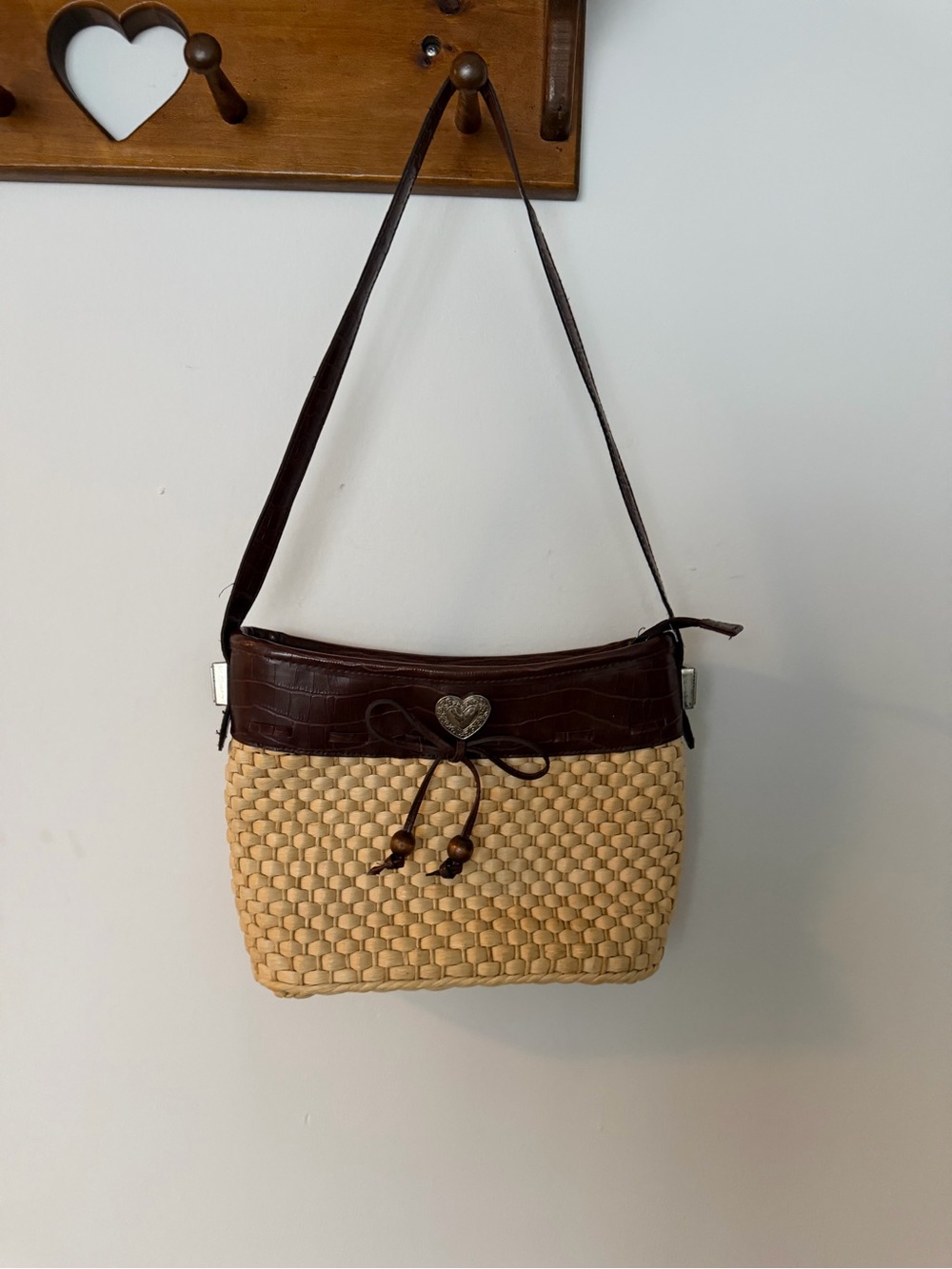 Woven Straw Shoulder Bag with Brown Leather Trim